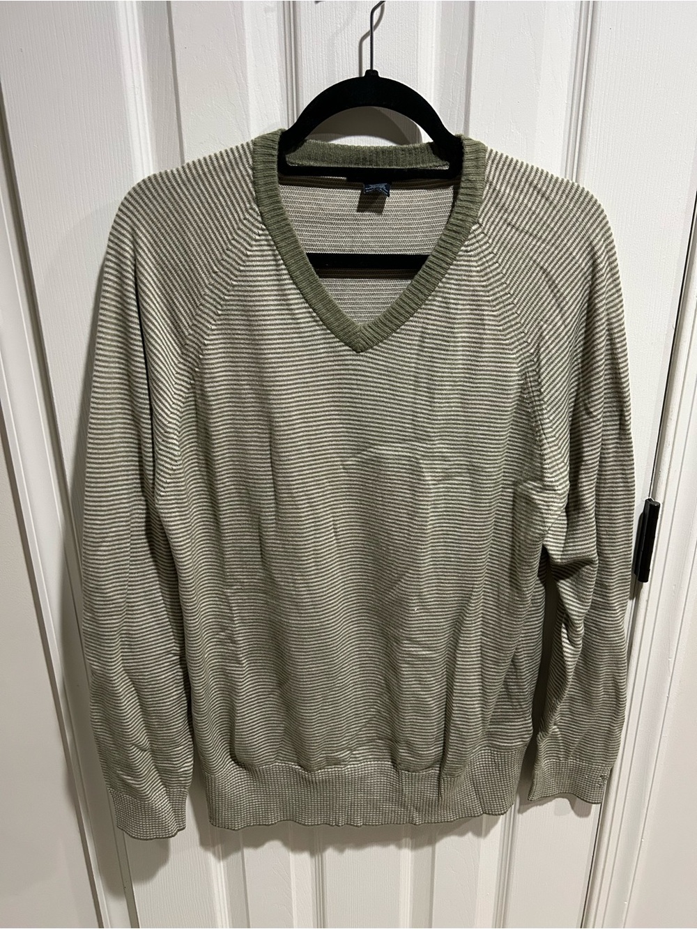 French Connection Men's V-Neck Striped Sweater - Olive & Beige